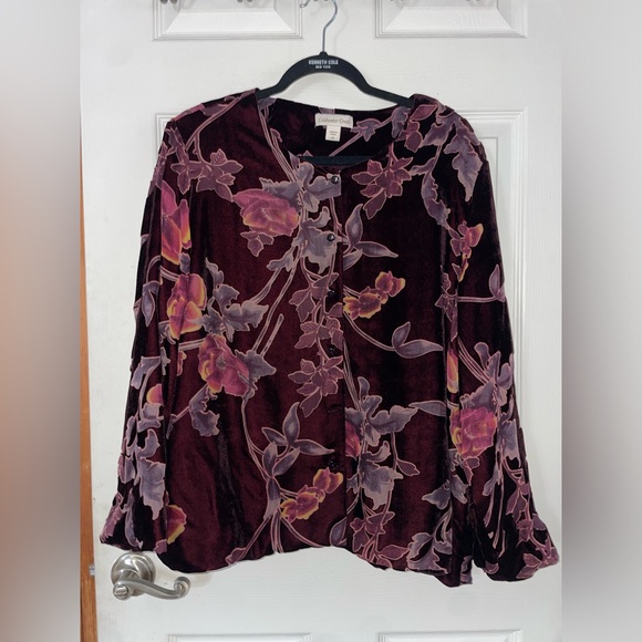 Coldwater Creek Tops - Coldwater Creek Burgundy Floral Velvet Button-Front Blouse